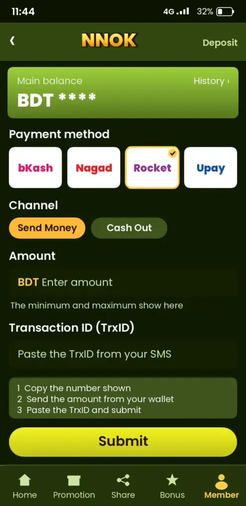 NNOK BD – deposit screen with bKash, Nagad and Rocket